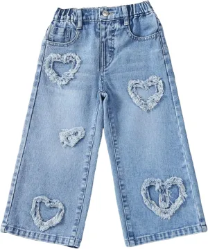 Floerns Girl's Floral Pattern Kids Jeans Elastic Waist Wide Leg Denim Pants