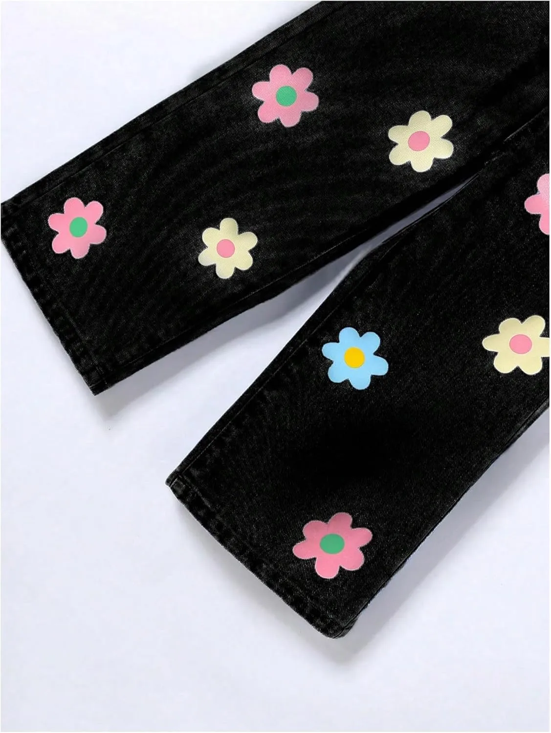 Floerns Girl's Floral Pattern Kids Jeans Elastic Waist Wide Leg Denim Pants
