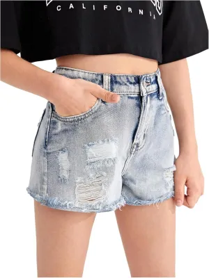 Floerns Girls Ripped Raw Hem Jeans High Waisted Wide Leg Denim Shorts