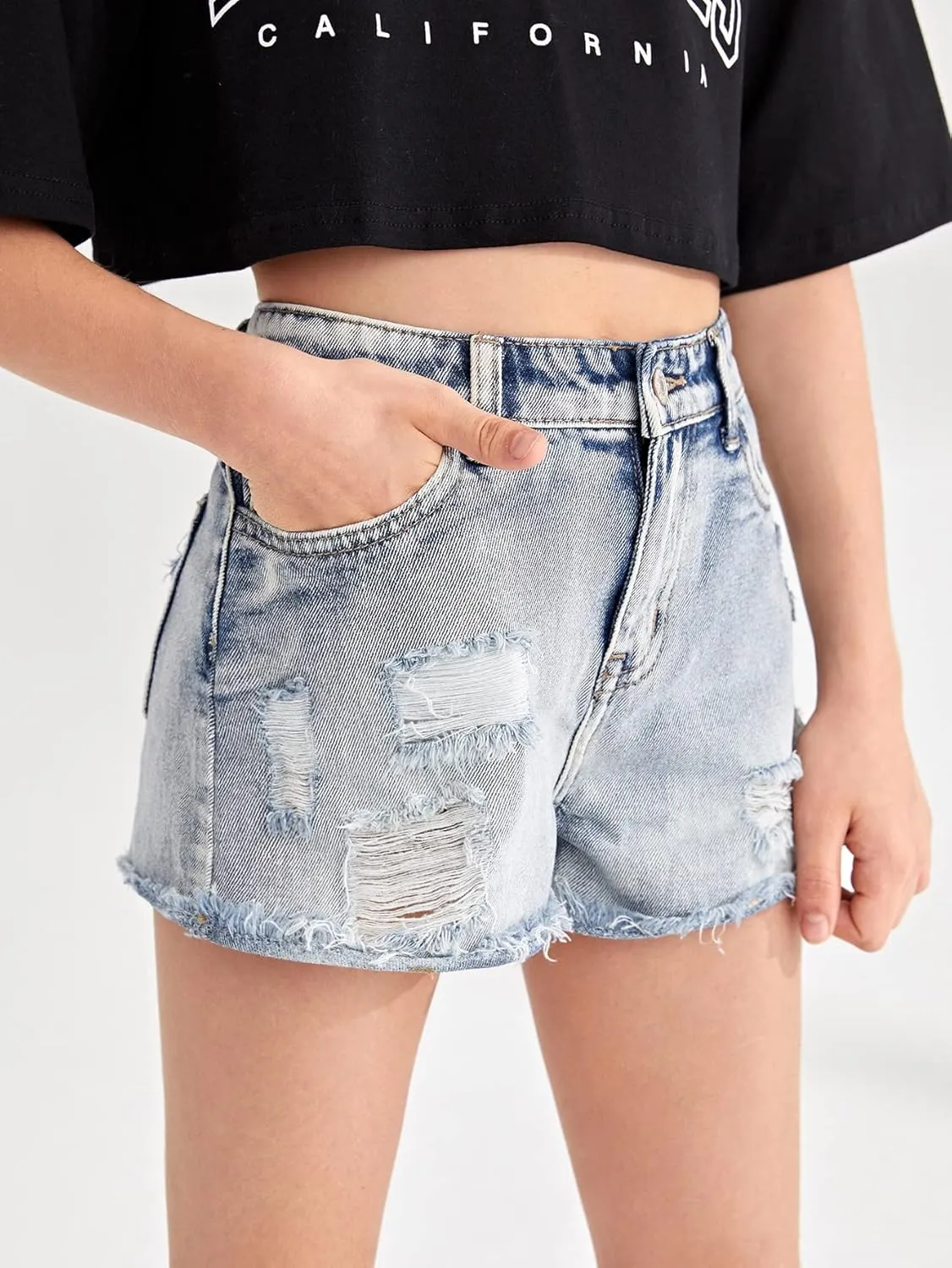 Floerns Girls Ripped Raw Hem Jeans High Waisted Wide Leg Denim Shorts