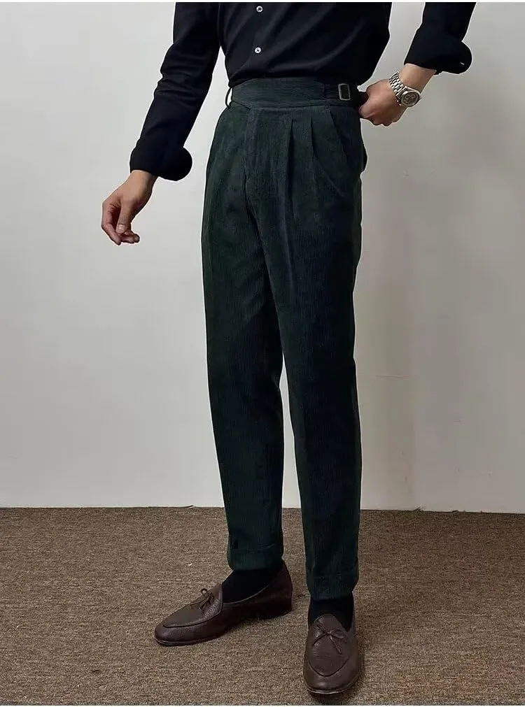 Formal Men's Pants Corduroy Dress Pants Design Buckle Tailored Waistline Fit Male Winter for Wedding Groomsman