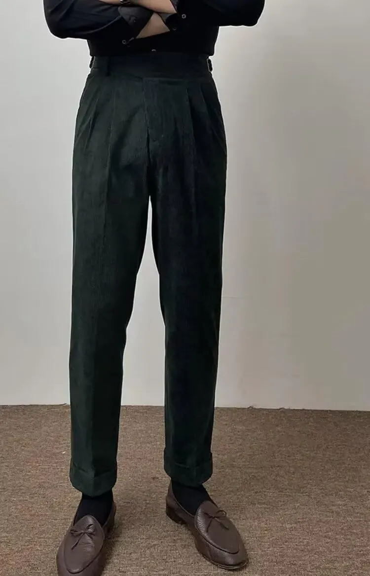 Formal Men's Pants Corduroy Dress Pants Design Buckle Tailored Waistline Fit Male Winter for Wedding Groomsman
