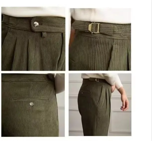 Formal Men's Pants Corduroy Dress Pants Design Buckle Tailored Waistline Fit Male Winter for Wedding Groomsman