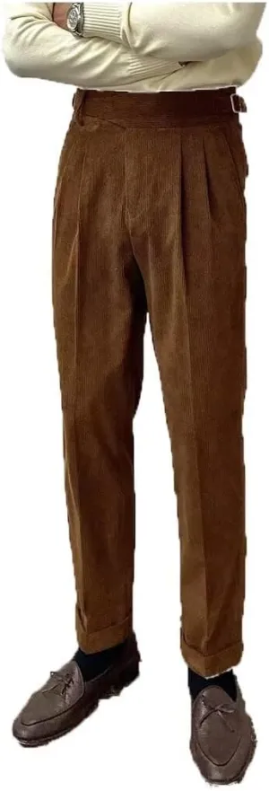 Formal Men's Pants Corduroy Dress Pants Design Buckle Tailored Waistline Fit Male Winter for Wedding Groomsman
