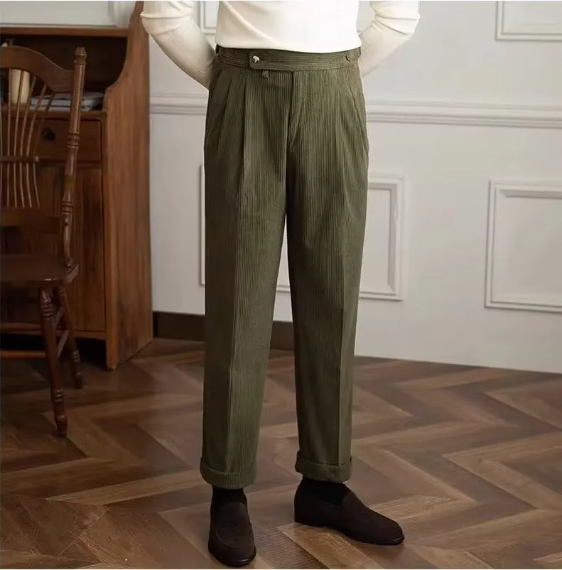 Formal Men's Pants Corduroy Dress Pants Design Buckle Tailored Waistline Fit Male Winter for Wedding Groomsman