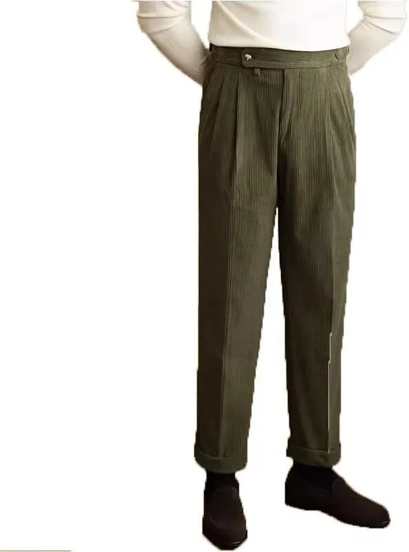 Formal Men's Pants Corduroy Dress Pants Design Buckle Tailored Waistline Fit Male Winter for Wedding Groomsman
