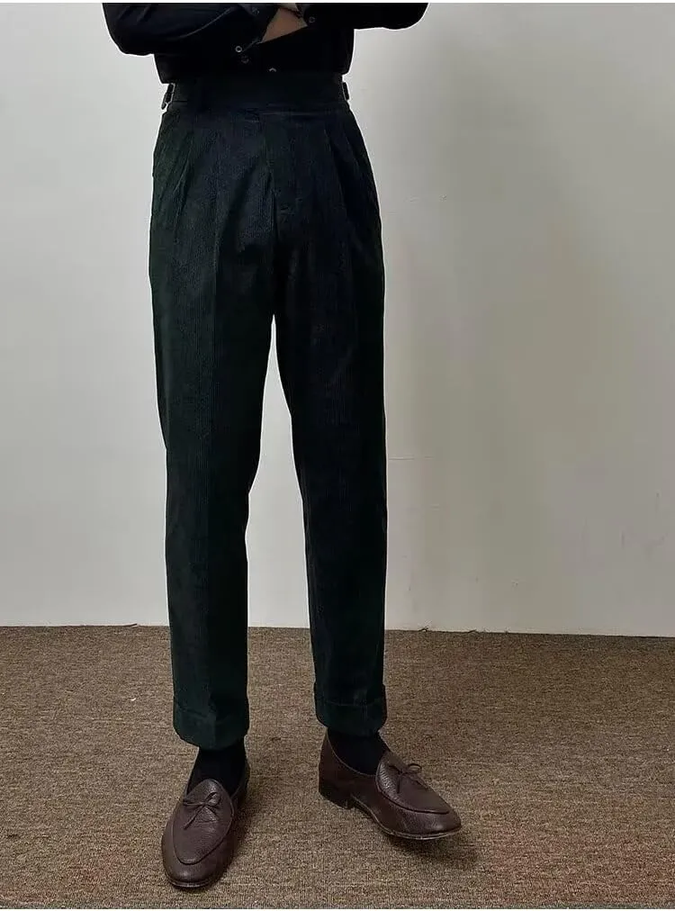 Formal Men's Pants Corduroy Dress Pants Design Buckle Tailored Waistline Fit Male Winter for Wedding Groomsman
