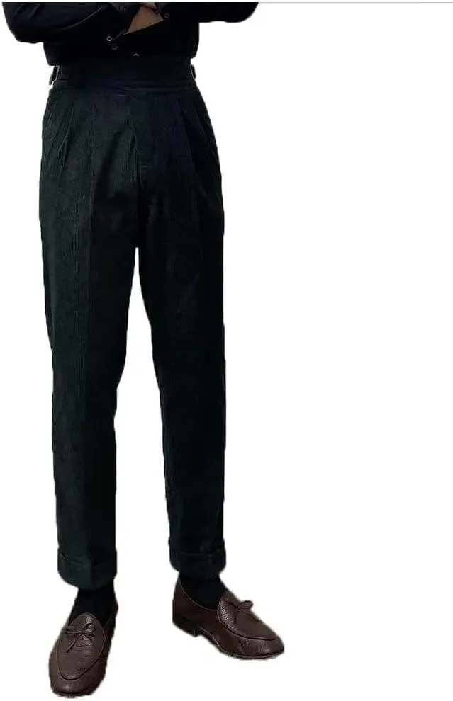 Formal Men's Pants Corduroy Dress Pants Design Buckle Tailored Waistline Fit Male Winter for Wedding Groomsman