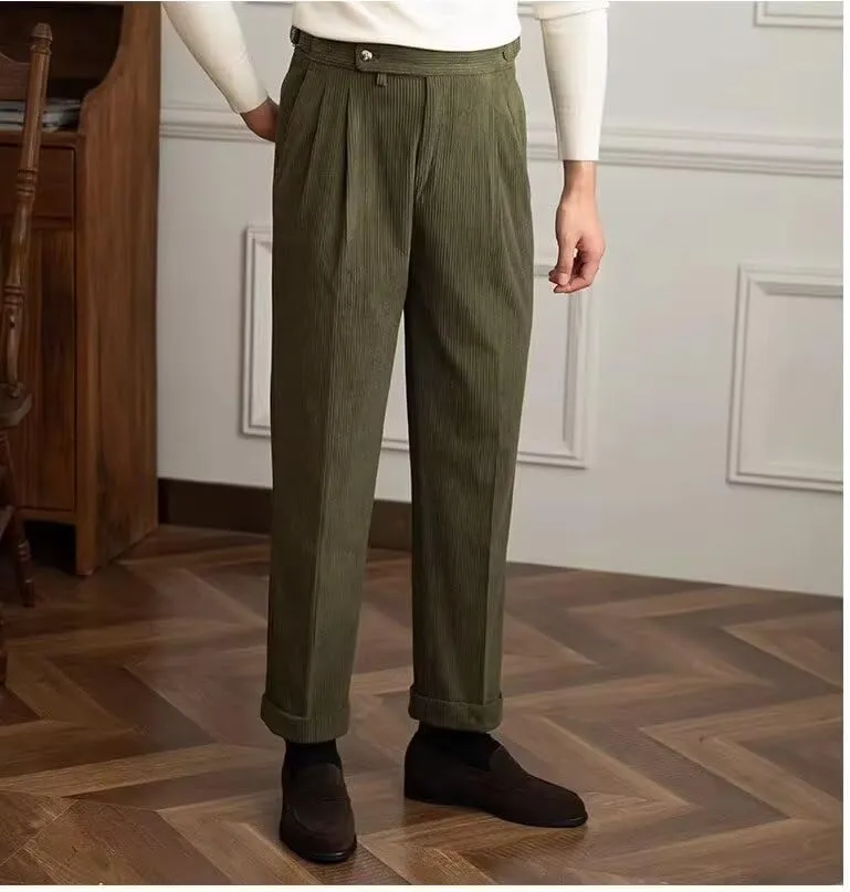Formal Men's Pants Corduroy Dress Pants Design Buckle Tailored Waistline Fit Male Winter for Wedding Groomsman