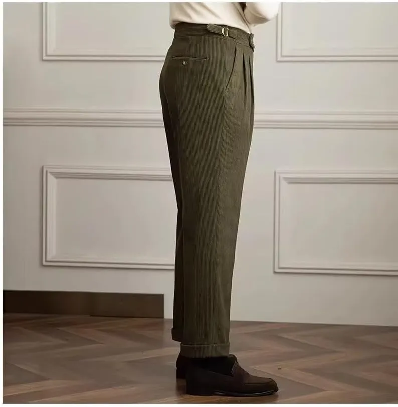 Formal Men's Pants Corduroy Dress Pants Design Buckle Tailored Waistline Fit Male Winter for Wedding Groomsman