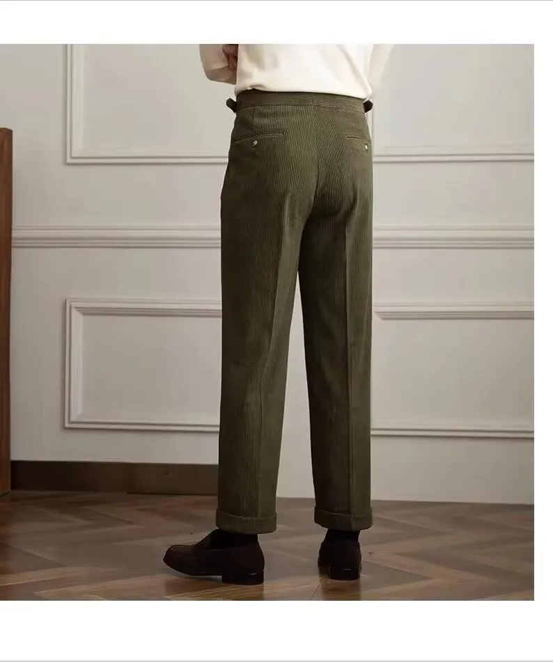 Formal Men's Pants Corduroy Dress Pants Design Buckle Tailored Waistline Fit Male Winter for Wedding Groomsman
