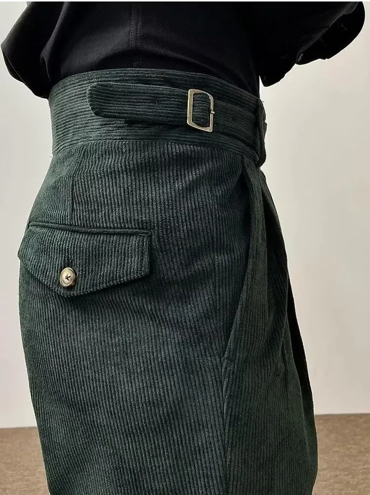 Formal Men's Pants Corduroy Dress Pants Design Buckle Tailored Waistline Fit Male Winter for Wedding Groomsman