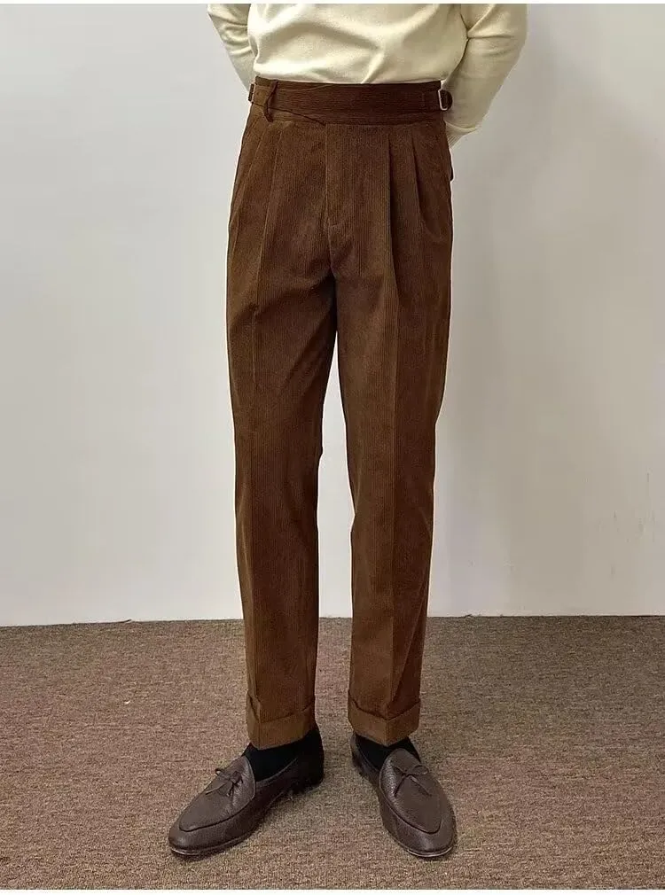 Formal Men's Pants Corduroy Dress Pants Design Buckle Tailored Waistline Fit Male Winter for Wedding Groomsman