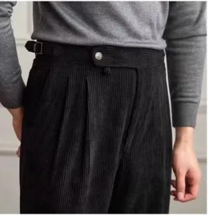 Formal Men's Pants Corduroy Dress Pants Design Buckle Tailored Waistline Fit Male Winter for Wedding Groomsman