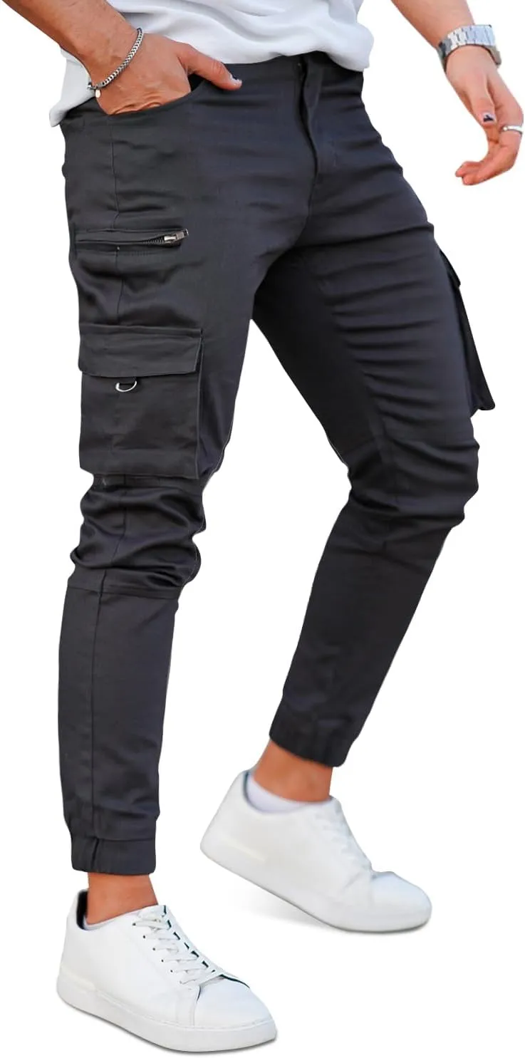 GINGTTO Mens Cargo Jogger Pants Slim Fit Stretch Zipper Pockets Thick Cotton Pants for Men