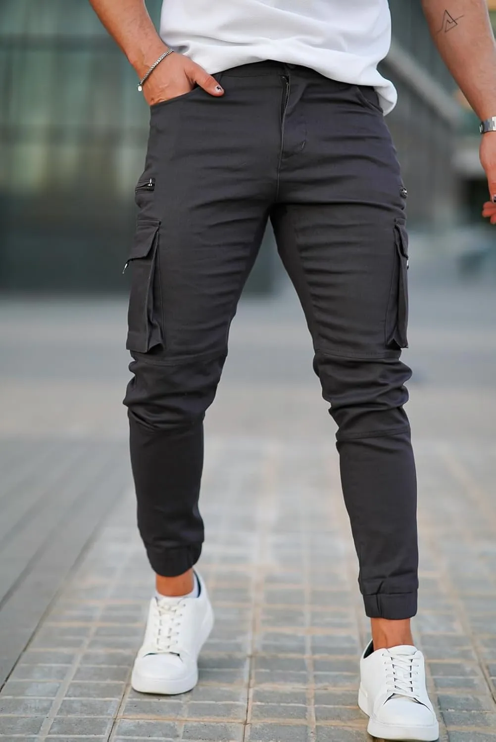 GINGTTO Mens Cargo Jogger Pants Slim Fit Stretch Zipper Pockets Thick Cotton Pants for Men