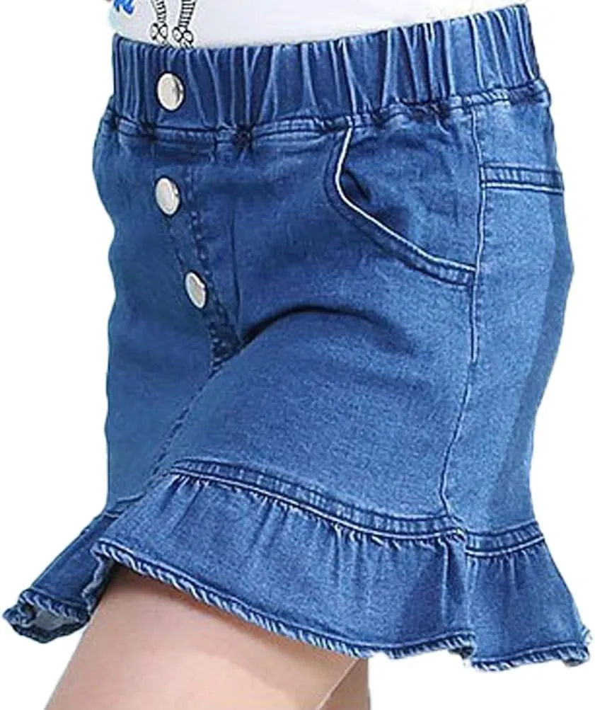 Girls Denim Lace Skirt Casual Mini Stretch Waist Flared Pleated Ruffle Short Jean Tutu Skirts for Kids