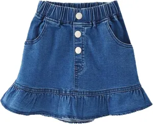 Girls Denim Lace Skirt Casual Mini Stretch Waist Flared Pleated Ruffle Short Jean Tutu Skirts for Kids