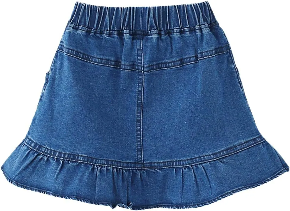 Girls Denim Lace Skirt Casual Mini Stretch Waist Flared Pleated Ruffle Short Jean Tutu Skirts for Kids