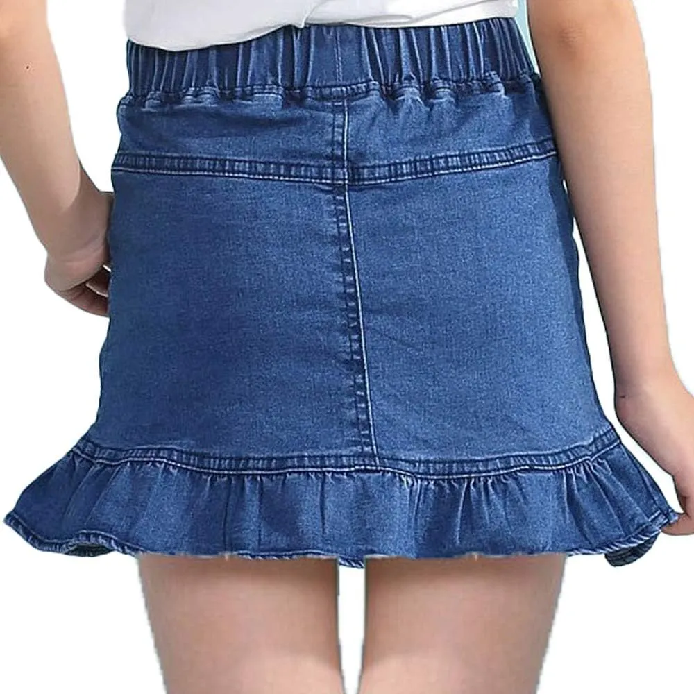 Girls Denim Lace Skirt Casual Mini Stretch Waist Flared Pleated Ruffle Short Jean Tutu Skirts for Kids