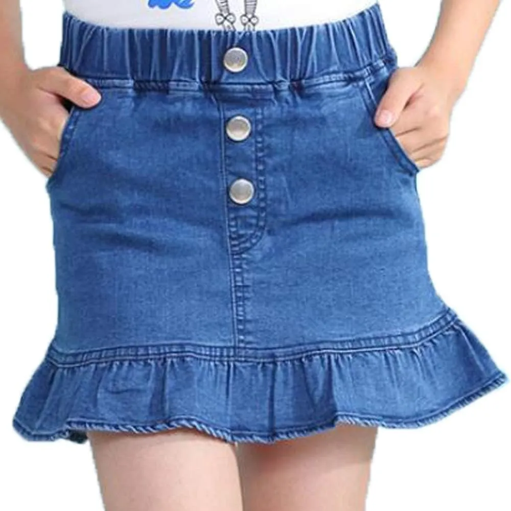 Girls Denim Lace Skirt Casual Mini Stretch Waist Flared Pleated Ruffle Short Jean Tutu Skirts for Kids