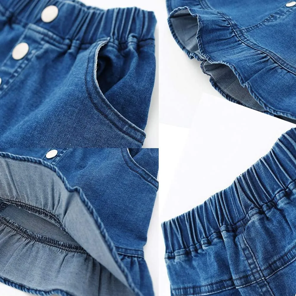 Girls Denim Lace Skirt Casual Mini Stretch Waist Flared Pleated Ruffle Short Jean Tutu Skirts for Kids