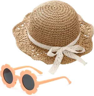 Girls Straw Hat with Flower Round Sunglasses, Summer Foldable Large Brim Sunflower Bowknot Beach Toddler Straw Sun Hat, 2-6T