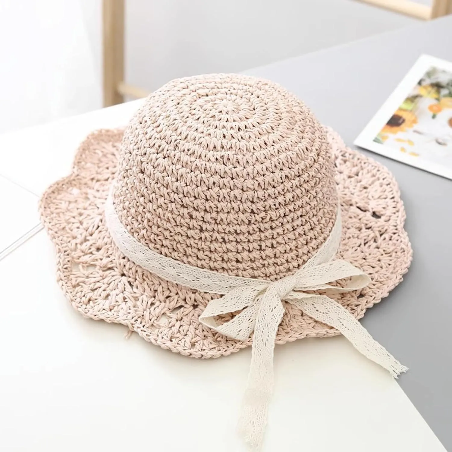 Girls Straw Hat with Flower Round Sunglasses, Summer Foldable Large Brim Sunflower Bowknot Beach Toddler Straw Sun Hat, 2-6T