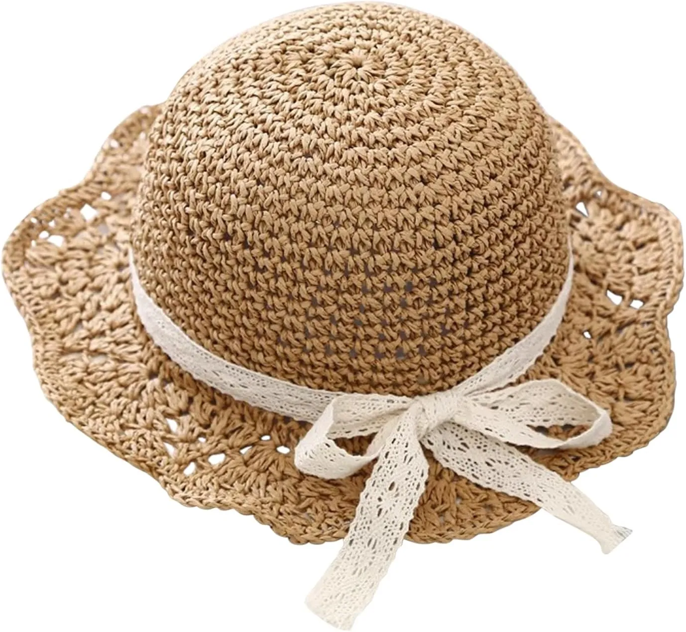 Girls Straw Hat with Flower Round Sunglasses, Summer Foldable Large Brim Sunflower Bowknot Beach Toddler Straw Sun Hat, 2-6T
