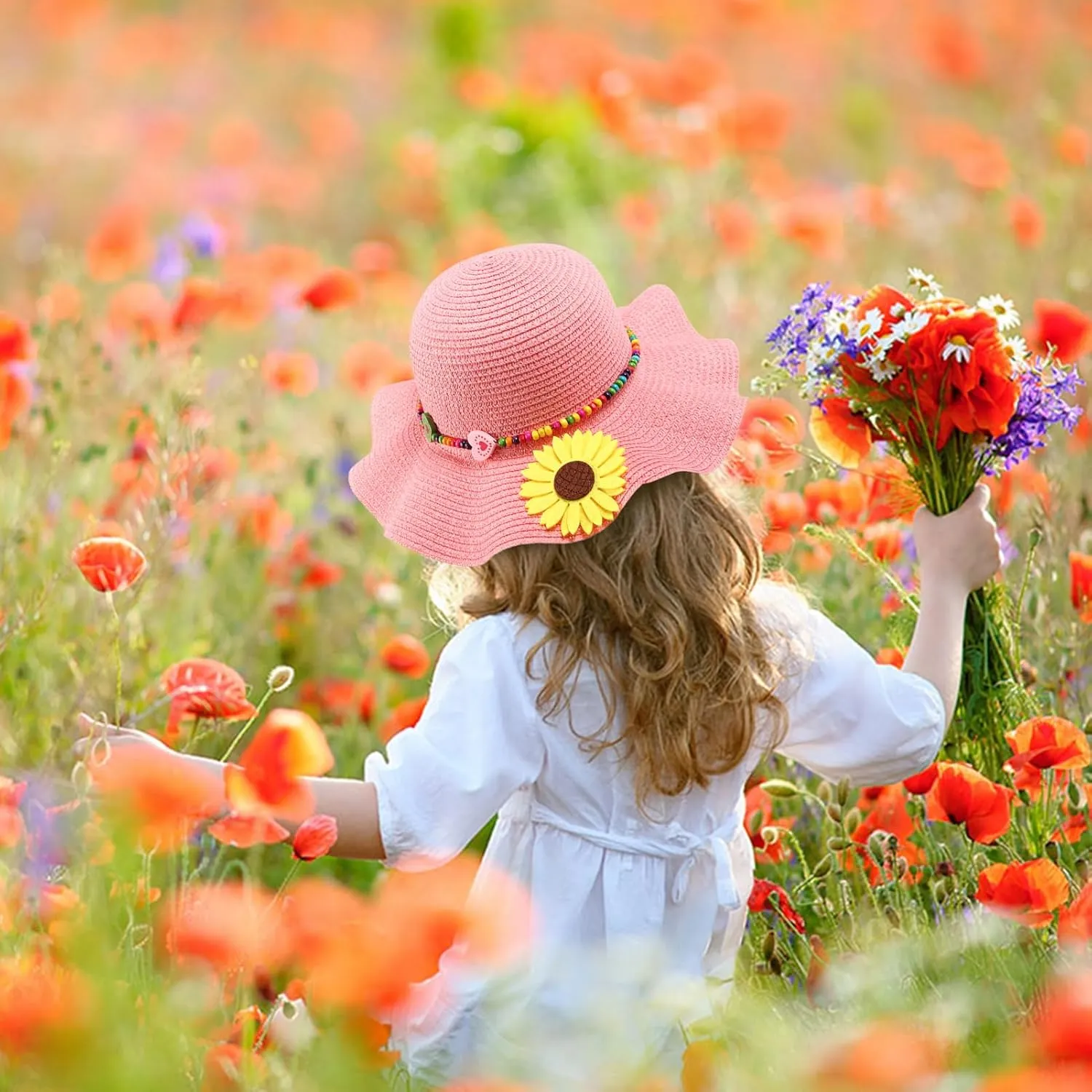 Girls Straw Hat with Flower Round Sunglasses, Summer Foldable Large Brim Sunflower Bowknot Beach Toddler Straw Sun Hat, 2-6T