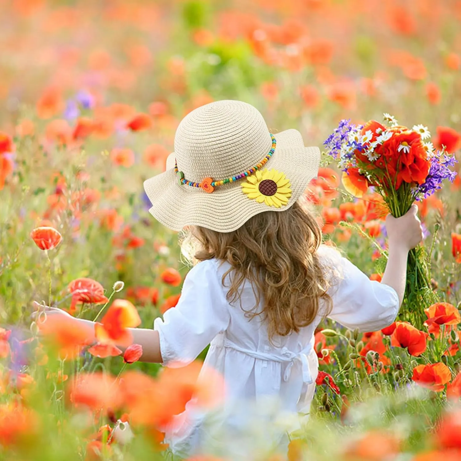 Girls Straw Hat with Flower Round Sunglasses, Summer Foldable Large Brim Sunflower Bowknot Beach Toddler Straw Sun Hat, 2-6T