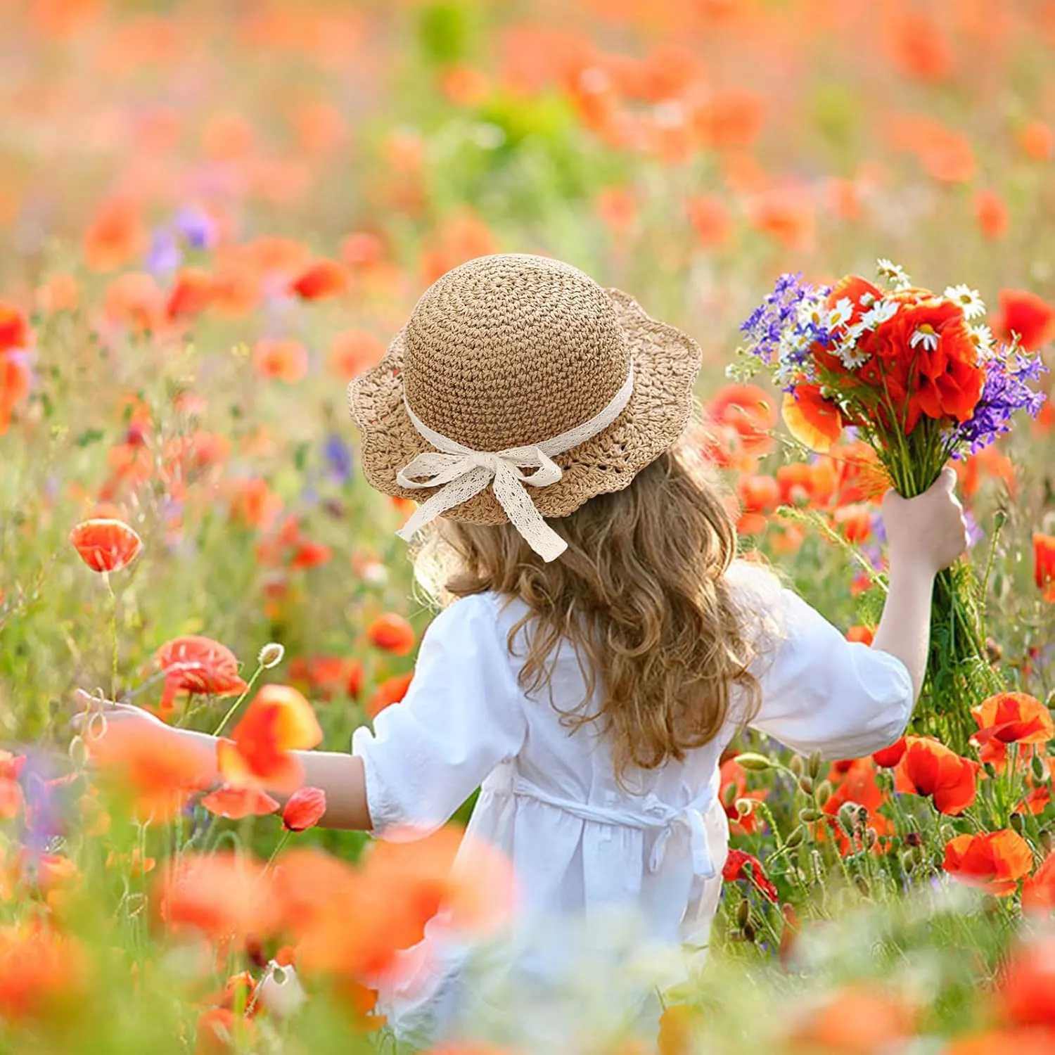 Girls Straw Hat with Flower Round Sunglasses, Summer Foldable Large Brim Sunflower Bowknot Beach Toddler Straw Sun Hat, 2-6T