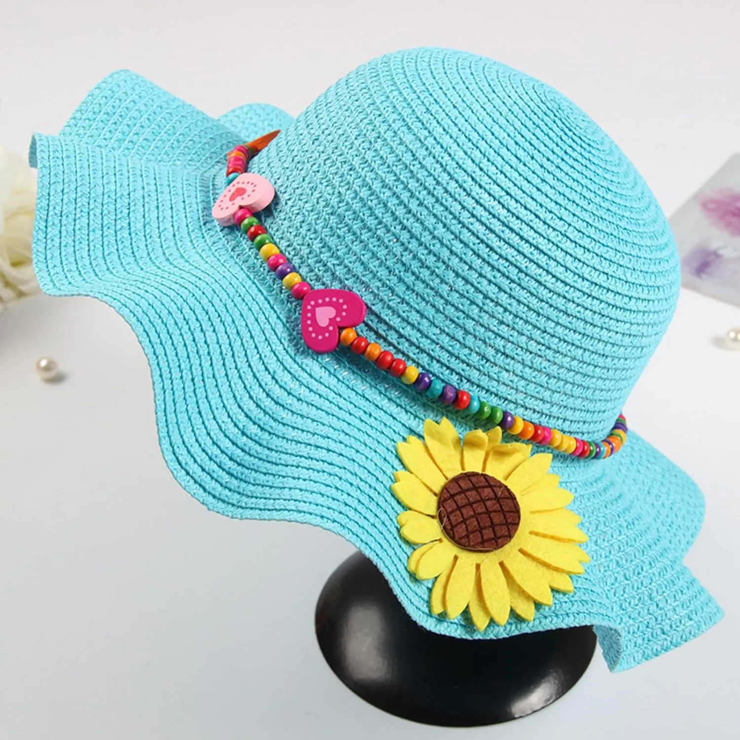Girls Straw Hat with Flower Round Sunglasses, Summer Foldable Large Brim Sunflower Bowknot Beach Toddler Straw Sun Hat, 2-6T