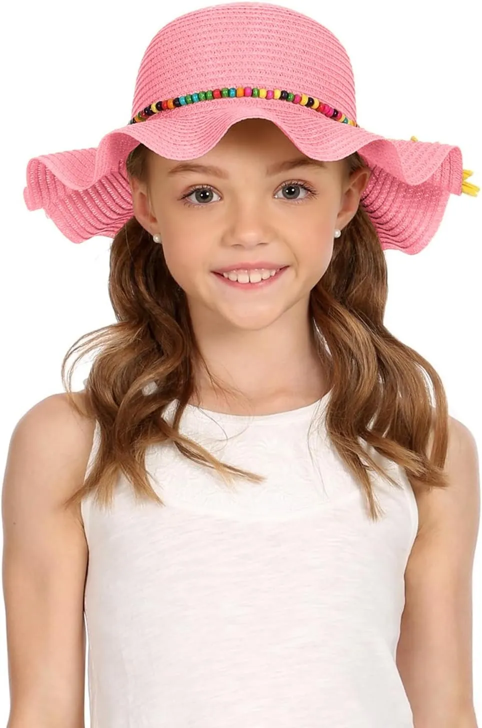 Girls Straw Hat with Flower Round Sunglasses, Summer Foldable Large Brim Sunflower Bowknot Beach Toddler Straw Sun Hat, 2-6T