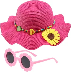 Girls Straw Hat with Flower Round Sunglasses, Summer Foldable Large Brim Sunflower Bowknot Beach Toddler Straw Sun Hat, 2-6T