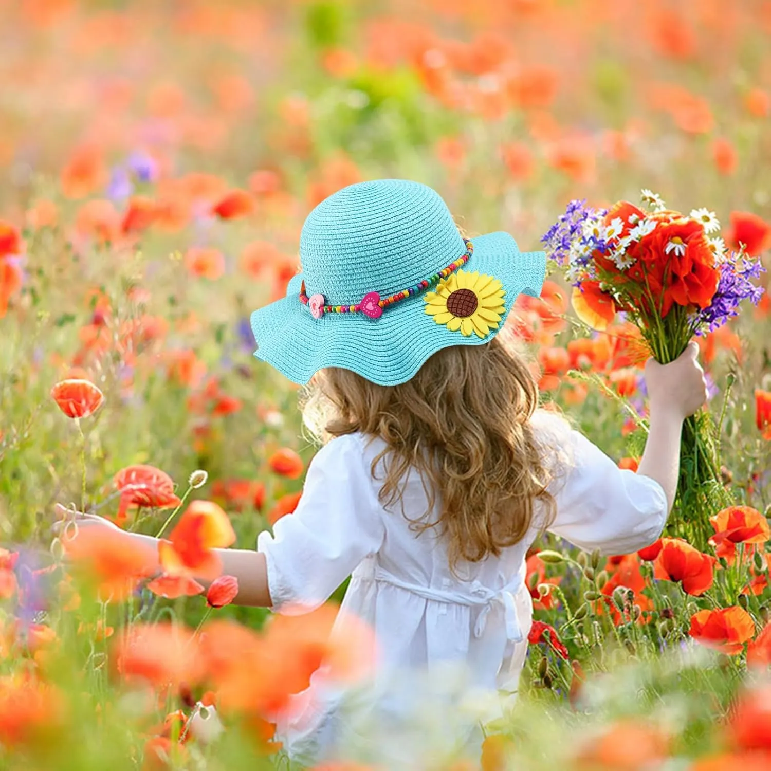 Girls Straw Hat with Flower Round Sunglasses, Summer Foldable Large Brim Sunflower Bowknot Beach Toddler Straw Sun Hat, 2-6T