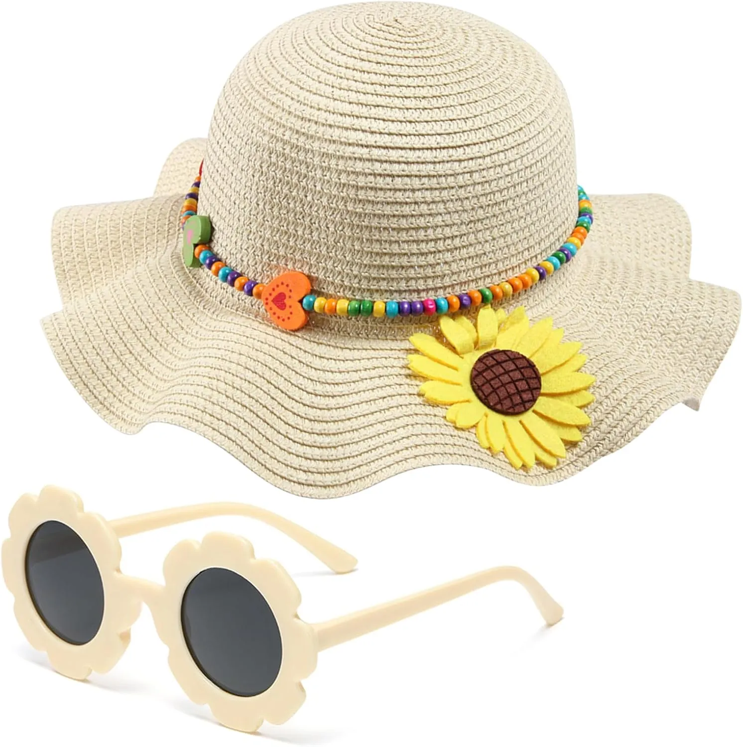Girls Straw Hat with Flower Round Sunglasses, Summer Foldable Large Brim Sunflower Bowknot Beach Toddler Straw Sun Hat, 2-6T
