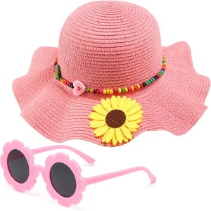 Girls Straw Hat with Flower Round Sunglasses, Summer Foldable Large Brim Sunflower Bowknot Beach Toddler Straw Sun Hat, 2-6T