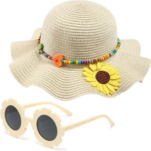 Girls Straw Hat with Flower Round Sunglasses, Summer Foldable Large Brim Sunflower Bowknot Beach Toddler Straw Sun Hat, 2-6T