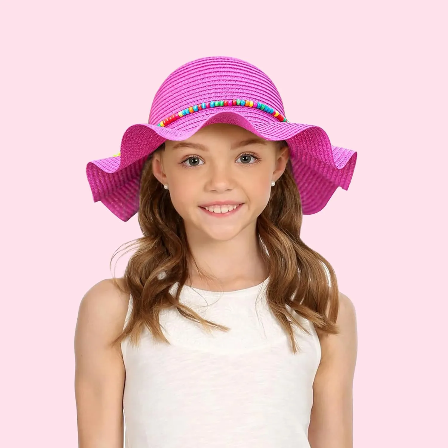 Girls Straw Hat with Flower Round Sunglasses, Summer Foldable Large Brim Sunflower Bowknot Beach Toddler Straw Sun Hat, 2-6T