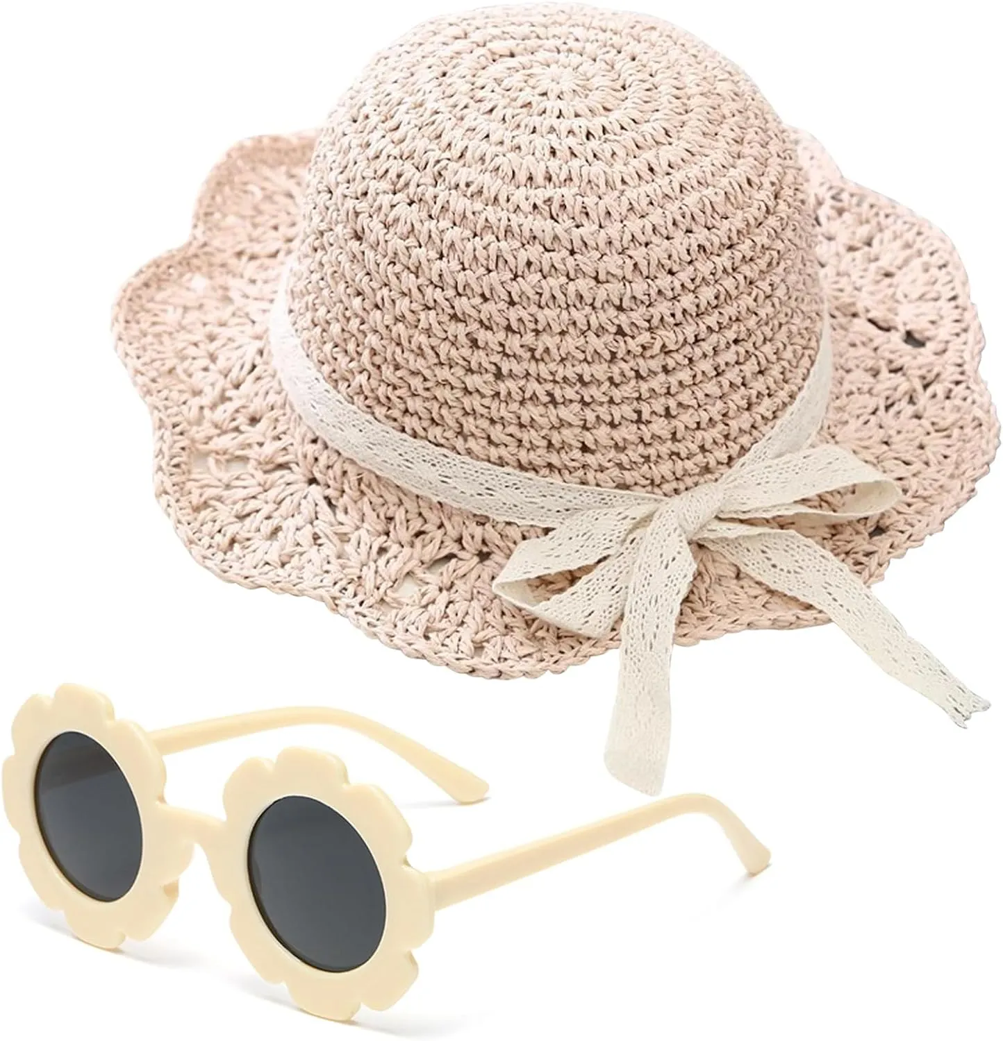 Girls Straw Hat with Flower Round Sunglasses, Summer Foldable Large Brim Sunflower Bowknot Beach Toddler Straw Sun Hat, 2-6T