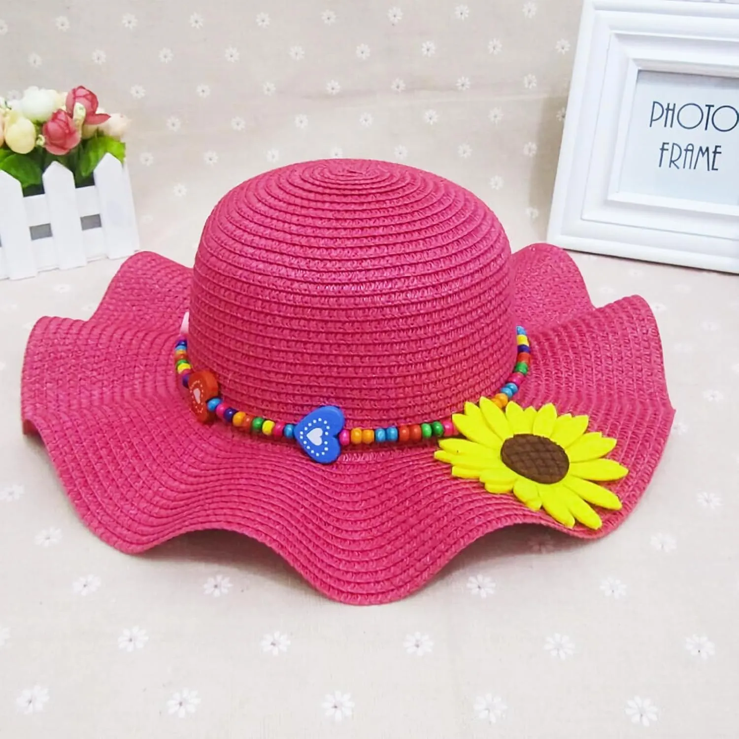 Girls Straw Hat with Flower Round Sunglasses, Summer Foldable Large Brim Sunflower Bowknot Beach Toddler Straw Sun Hat, 2-6T