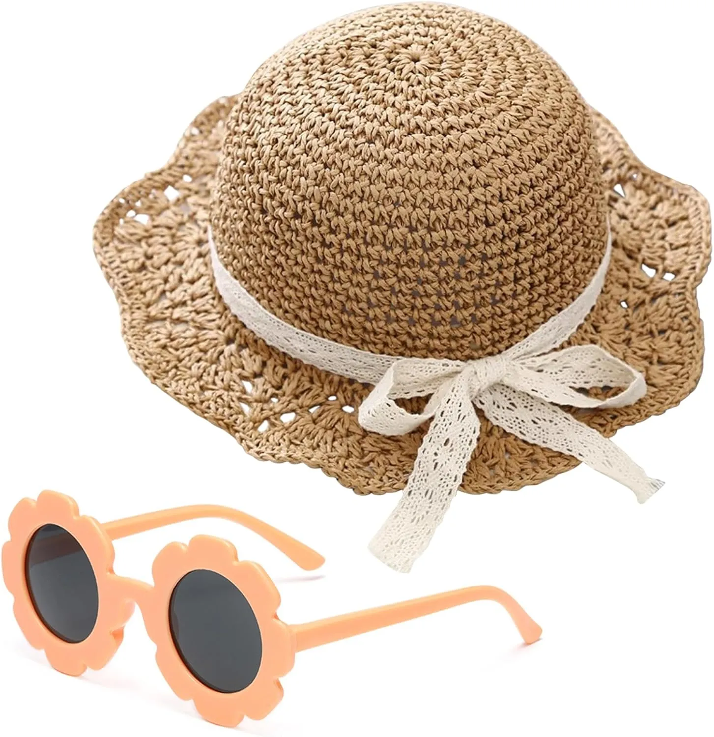 Girls Straw Hat with Flower Round Sunglasses, Summer Foldable Large Brim Sunflower Bowknot Beach Toddler Straw Sun Hat, 2-6T