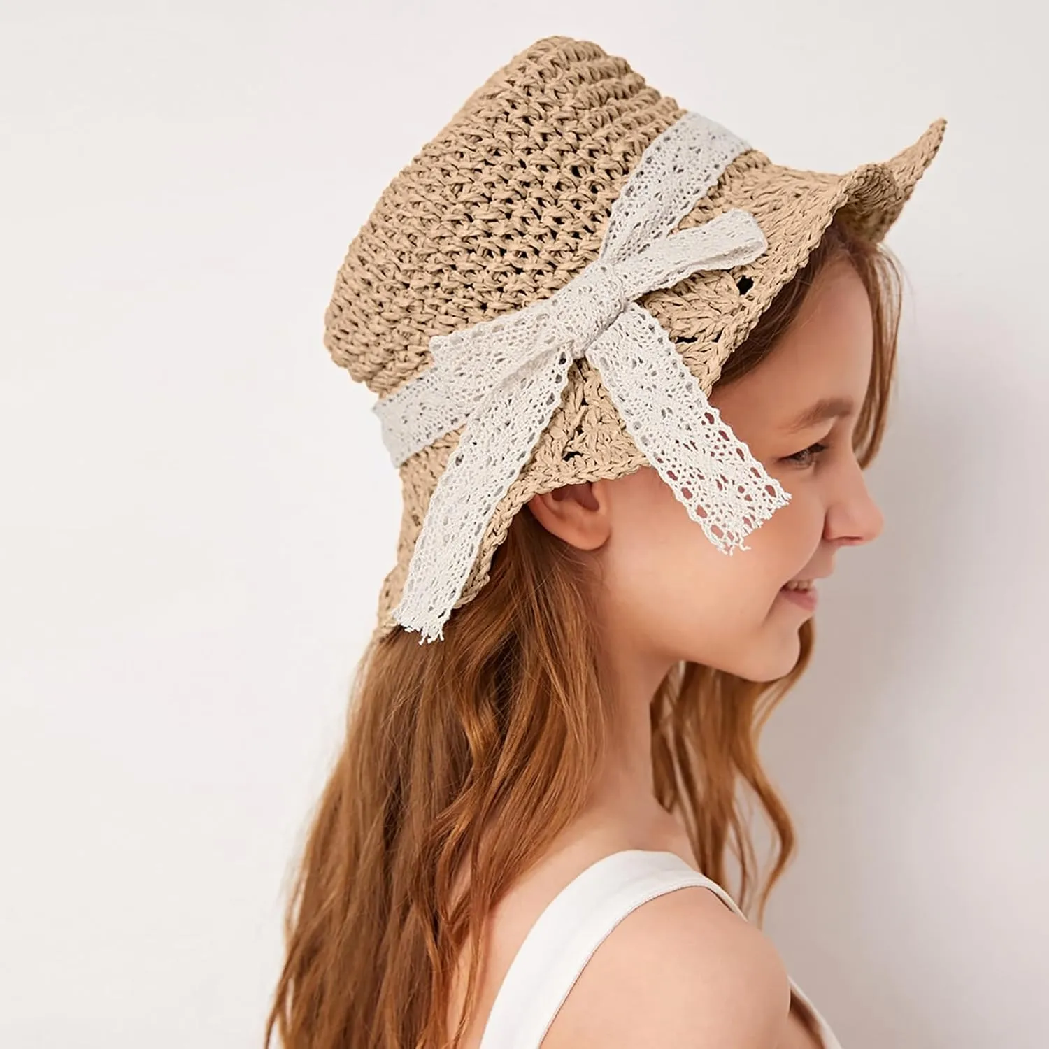 Girls Straw Hat with Flower Round Sunglasses, Summer Foldable Large Brim Sunflower Bowknot Beach Toddler Straw Sun Hat, 2-6T