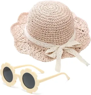 Girls Straw Hat with Flower Round Sunglasses, Summer Foldable Large Brim Sunflower Bowknot Beach Toddler Straw Sun Hat, 2-6T