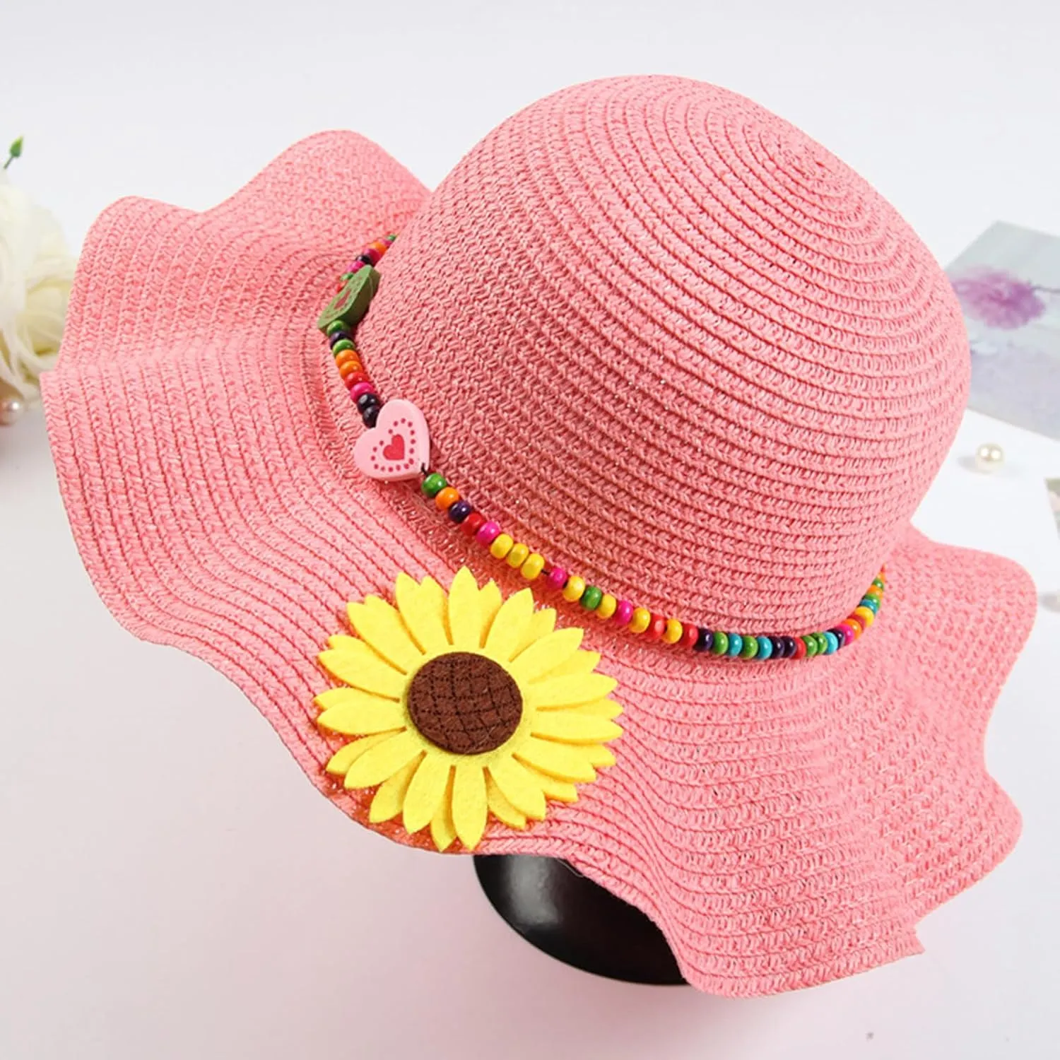 Girls Straw Hat with Flower Round Sunglasses, Summer Foldable Large Brim Sunflower Bowknot Beach Toddler Straw Sun Hat, 2-6T