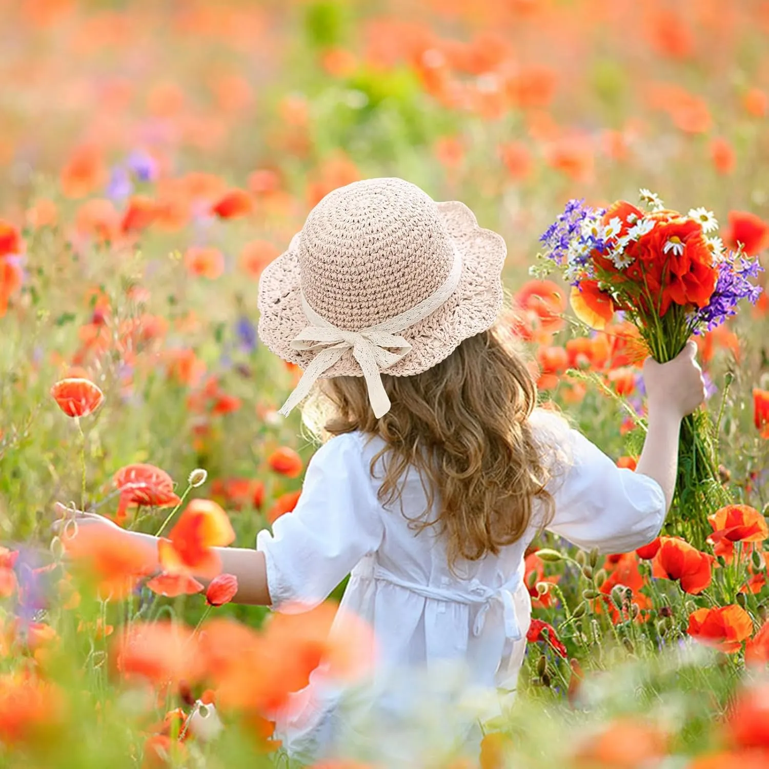 Girls Straw Hat with Flower Round Sunglasses, Summer Foldable Large Brim Sunflower Bowknot Beach Toddler Straw Sun Hat, 2-6T
