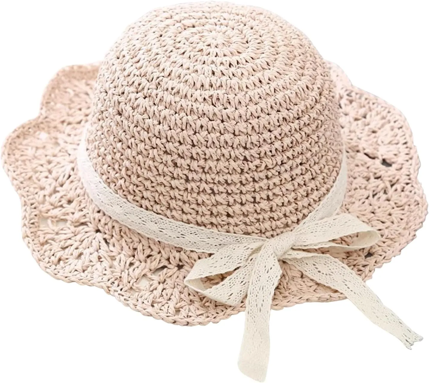 Girls Straw Hat with Flower Round Sunglasses, Summer Foldable Large Brim Sunflower Bowknot Beach Toddler Straw Sun Hat, 2-6T