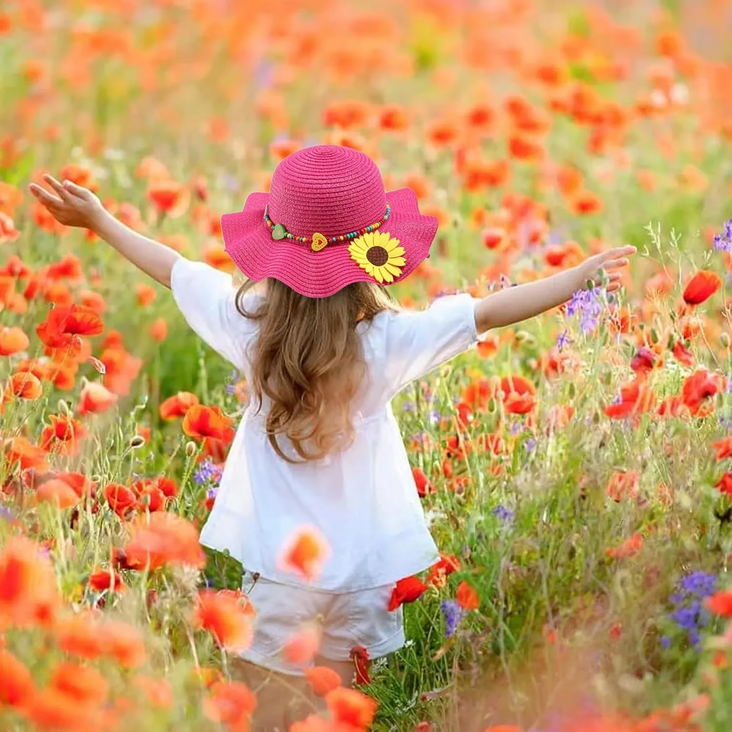 Girls Straw Hat with Flower Round Sunglasses, Summer Foldable Large Brim Sunflower Bowknot Beach Toddler Straw Sun Hat, 2-6T