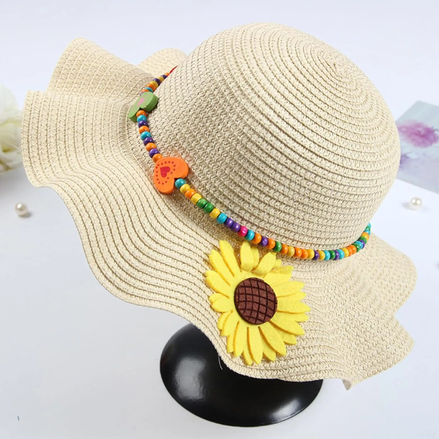 Girls Straw Hat with Flower Round Sunglasses, Summer Foldable Large Brim Sunflower Bowknot Beach Toddler Straw Sun Hat, 2-6T
